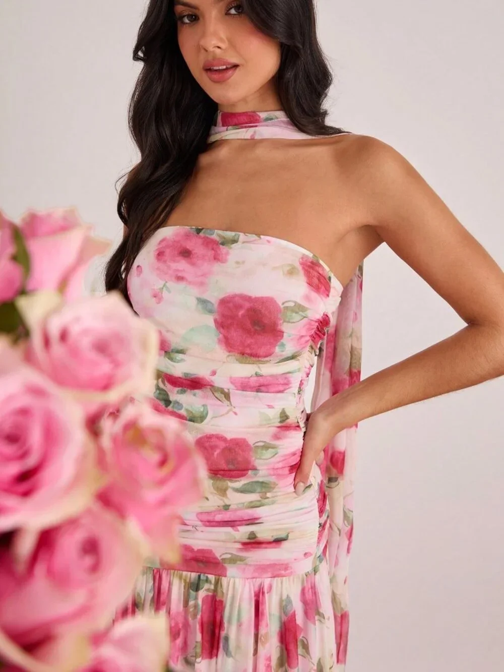 Multicolor Women's Romantic & Floral Print Ruched Fitted Maxi Tube Dress